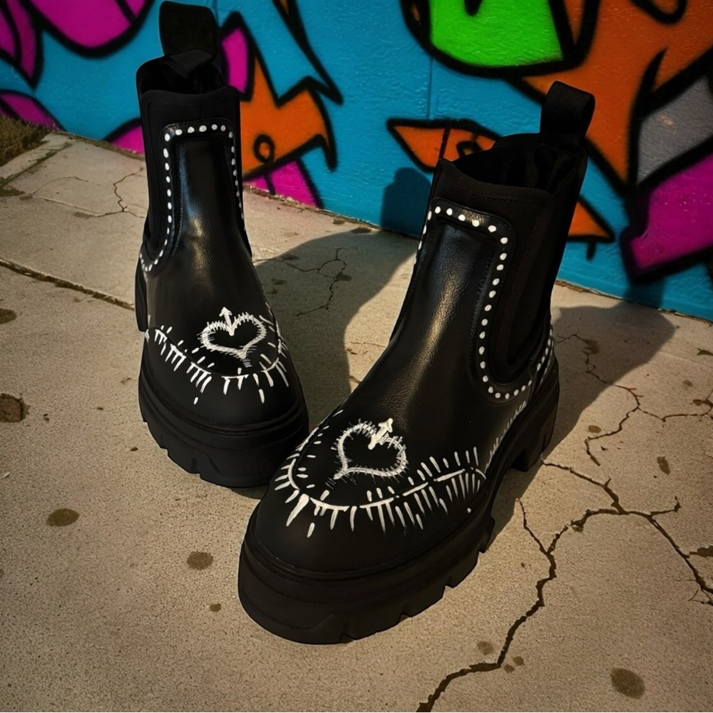 Black and White Heart Embellished Boots